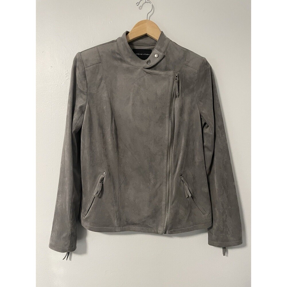 Adrienne Vittadini Gray Faux Suede Moto Jacket EUC